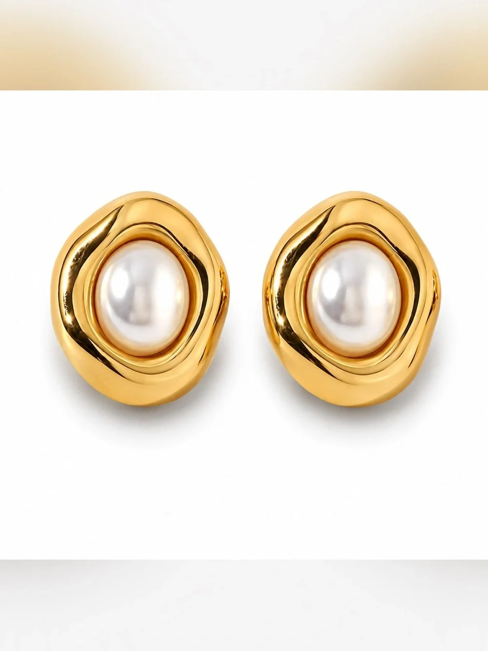 24k Plated Gold Freshwater Pearl Dome Stud Earrings - Women Jewelry - Picture 1 of 3